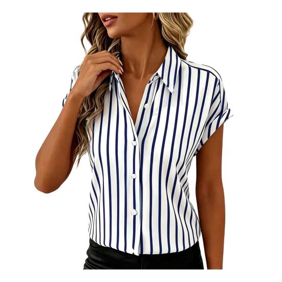 Women Shirt Drop Shoulder Short Sleeves Button Placket Striped Print Summer Shirt Loose Fit Soft Stretchy Tops Daily Wear S синий