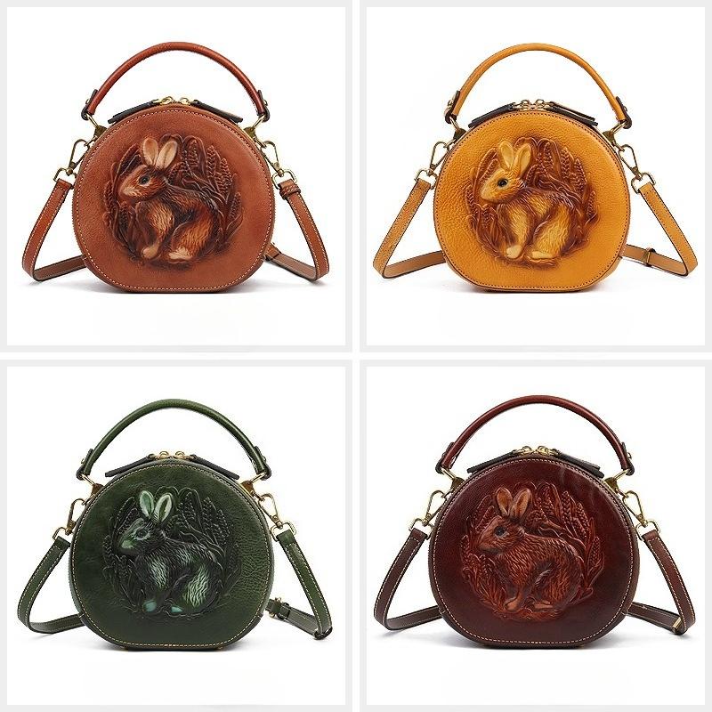 Small Round Bag High Quality Genuine Leather Bag for Women New Women's Handbag Leather Bag Shoulder Bag Literary and Ethnic Style Messenger Bag