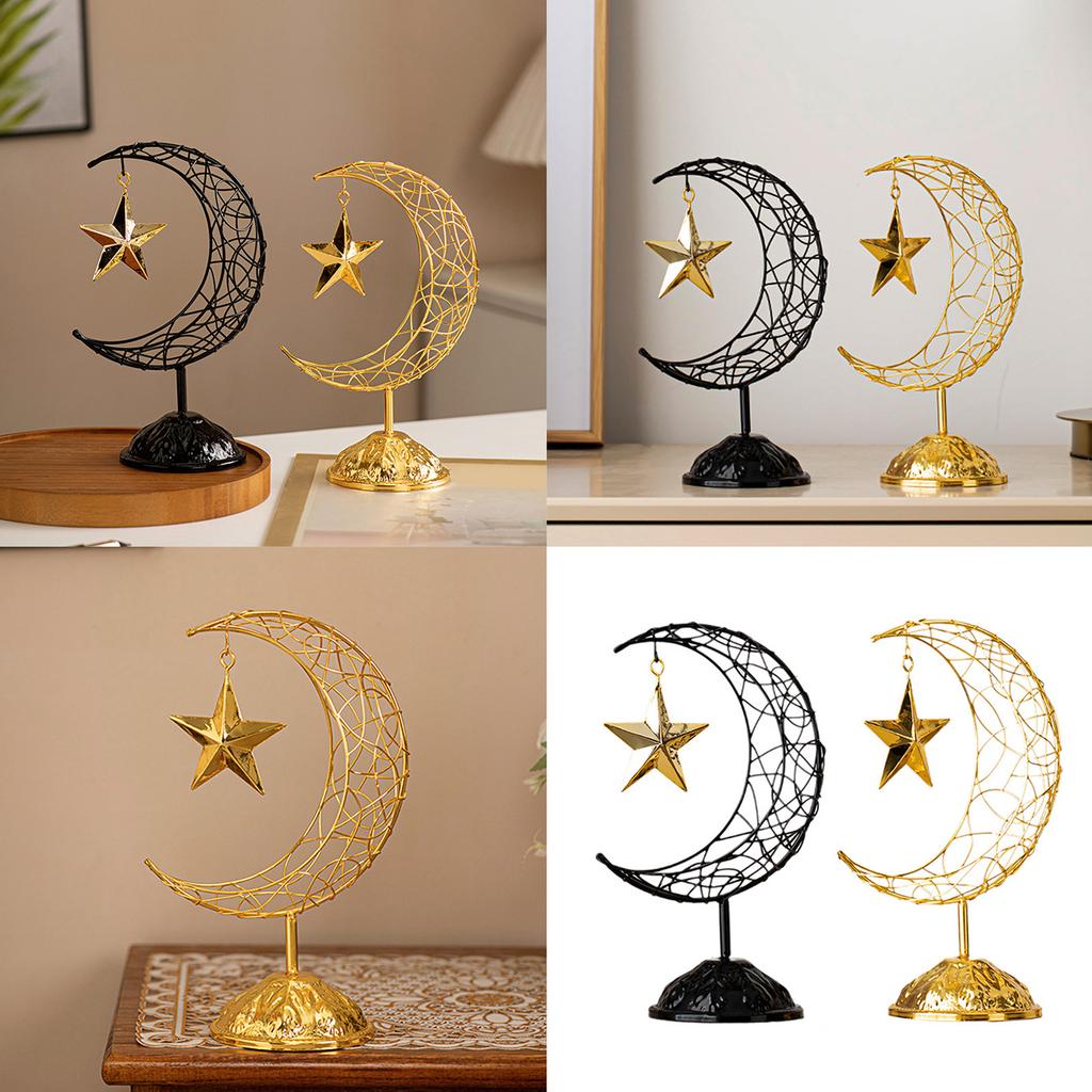 Eid Mubarak Ramadans Handheld Moon and Star Metal Hollowed Ornament Decors with Base for Muslims Islamic Party Supplies