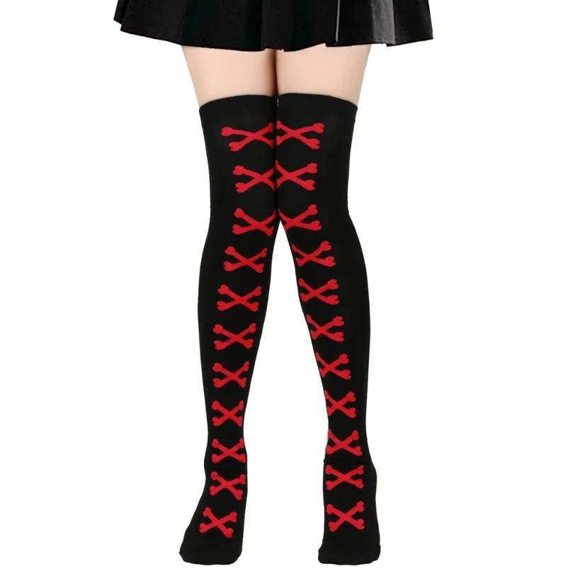 Oberschenkelhohe Socke Damenstrümpfe Knochen Damen Halloween Schwarz Weiß Rosa Gestreift Lang Über dem Knie Socke Lustig Cosplay Harajuku