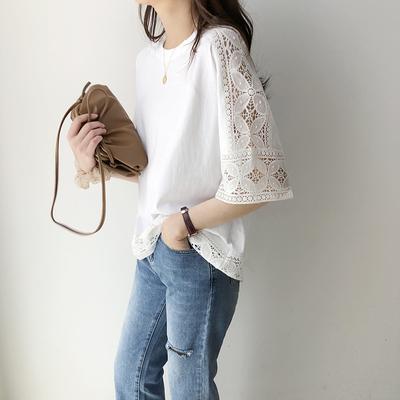 Bohemian Lace Women Summer Blouses Casual Half Sleeve Blusas Female Hollow Out Solid Tunic Oversized Chemise