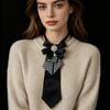 Women Bow Tie Brooch, Houndstooth Rhinestone Bow Neck Tie, Satin Decorative Necktie for Shirt Suit Sweater Office Party Accessory