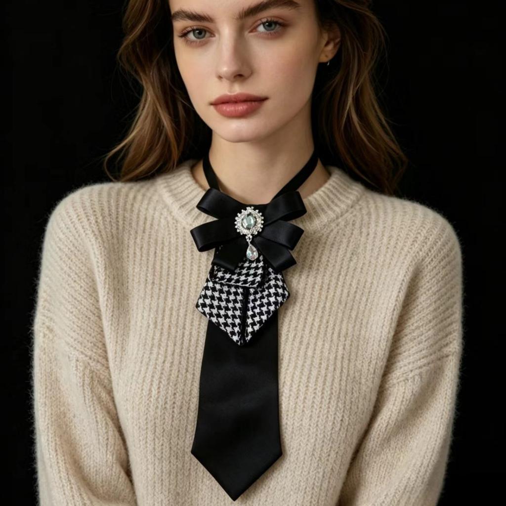Women Bow Tie Brooch, Houndstooth Rhinestone Bow Neck Tie, Satin Decorative Necktie for Shirt Suit Sweater Office Party Accessory