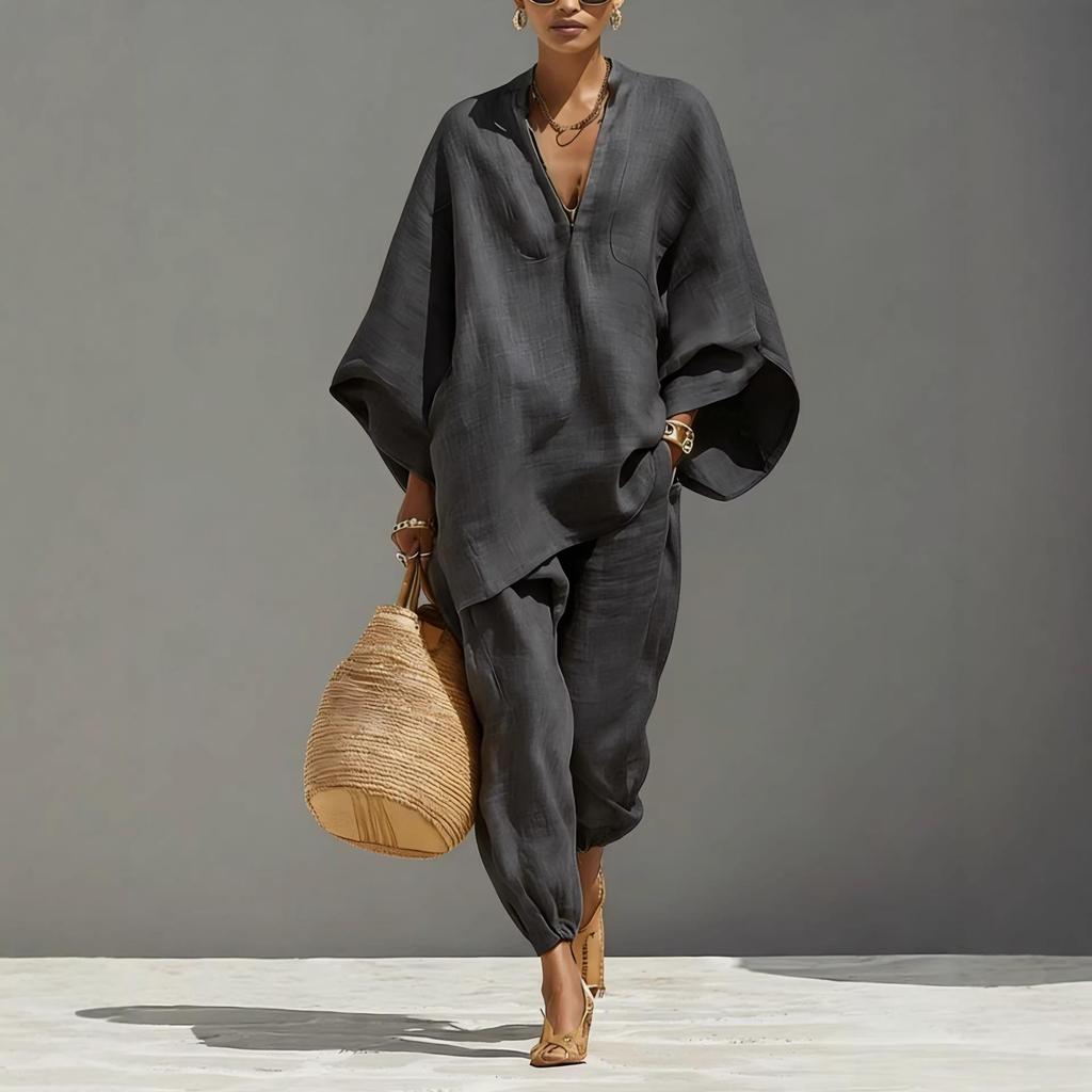 Beige V-Neck Long Sleeve Top and Wide Leg Pants Set