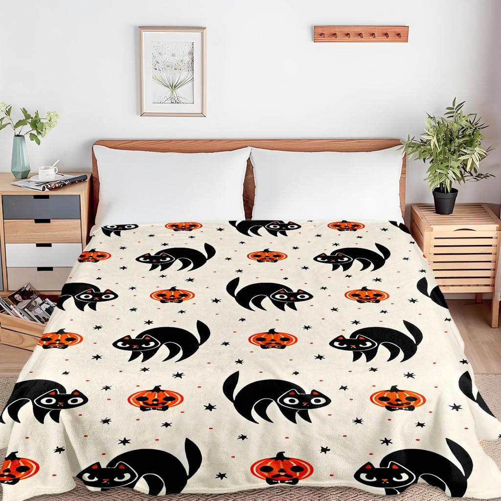 1PC Halloween Throw Blanket Cats Sekeleton Pumpkin Skull Ghost Thin Blanket Gifts for Couch Bed Car Home Camping All Season Use