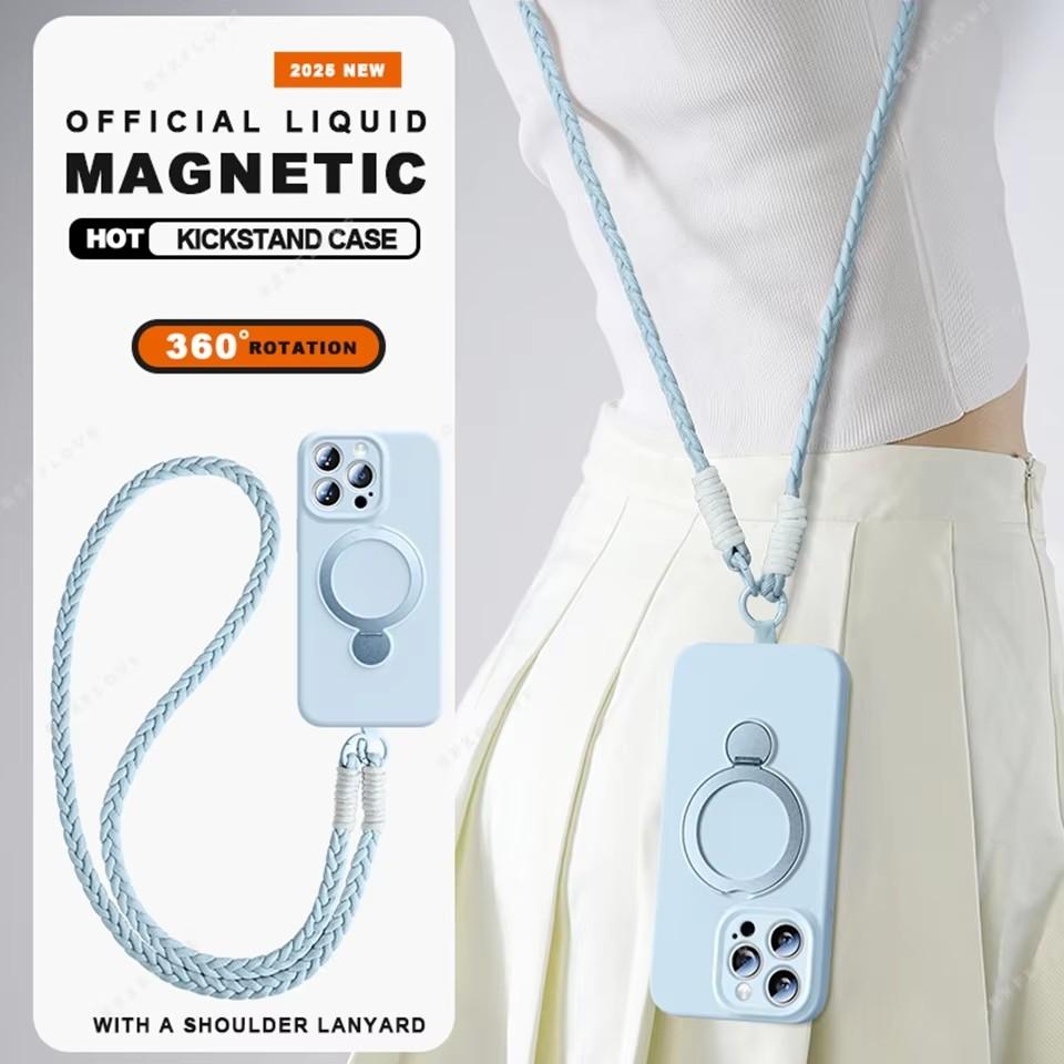 

360 Liquid Silicone Magnetic Lanyard Phone Case For iPhone 16 Plus 13 15 14 17 Pro Max Magsafe Charge Strap Protector Soft Cover For iPhone 17ProMax