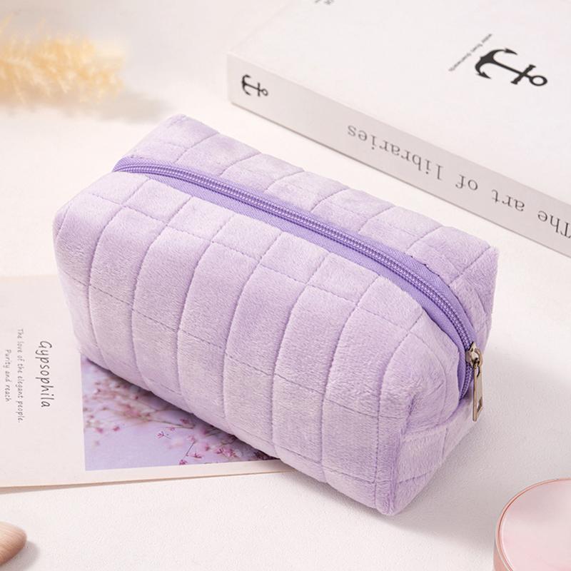 1Pc Cosmetic Travel Fleece Fabric Solid Color Wash Bag Make Up Pouch Storage Case Women's Toiletry Bag