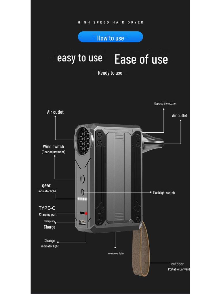 W10 Multifunctional High-Speed Turbo Fan with LED Light & Power Bank - 130,000 Speed Dust Removal Hair Dryer