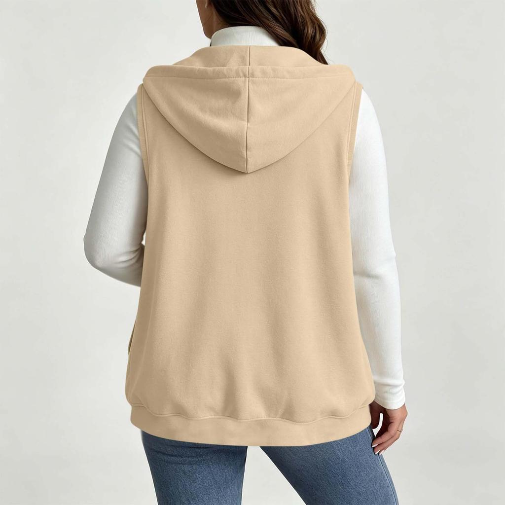 Gilet da donna alla moda con cappuccio, chiusura a bottoni, coulisse, senza maniche e con tasche