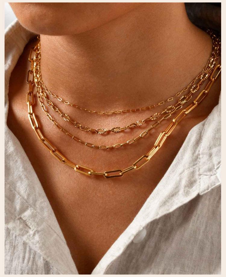 Gold Plated Stainless Steel Paperclip Chain Necklace For Women, Adjustable Rectangle Link Layering Choker Waterproof Jewelry