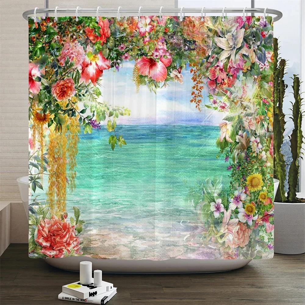 Retro Blooming Flowers Shower Curtains Bathroom Curtains Waterproof Polyester Bath Curtain with 12 Hooks Shower Curtain
