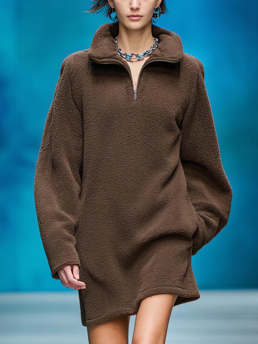 2025 Autumn/Winter Women s Plush Fleece Stand Collar Hoodie M коричневый