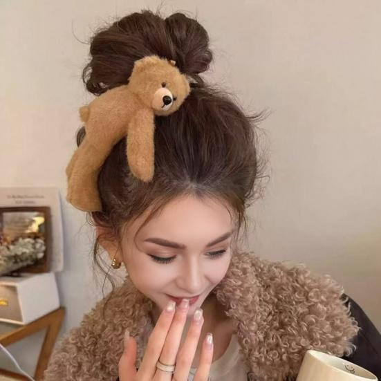 Hair Claw Cartoon Plush Bear Doll Bowknot Decor Hair Clip Clamping Tooth Design Strong Grip Hair Pin Hair Accessory