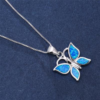 Blauer Feueropal Niedlicher Schmetterlingsanhänger Geburtsstein Halsketten Für Frauen Hochzeit Schmuck Vintage Mode 925 Silber Tier Halskette