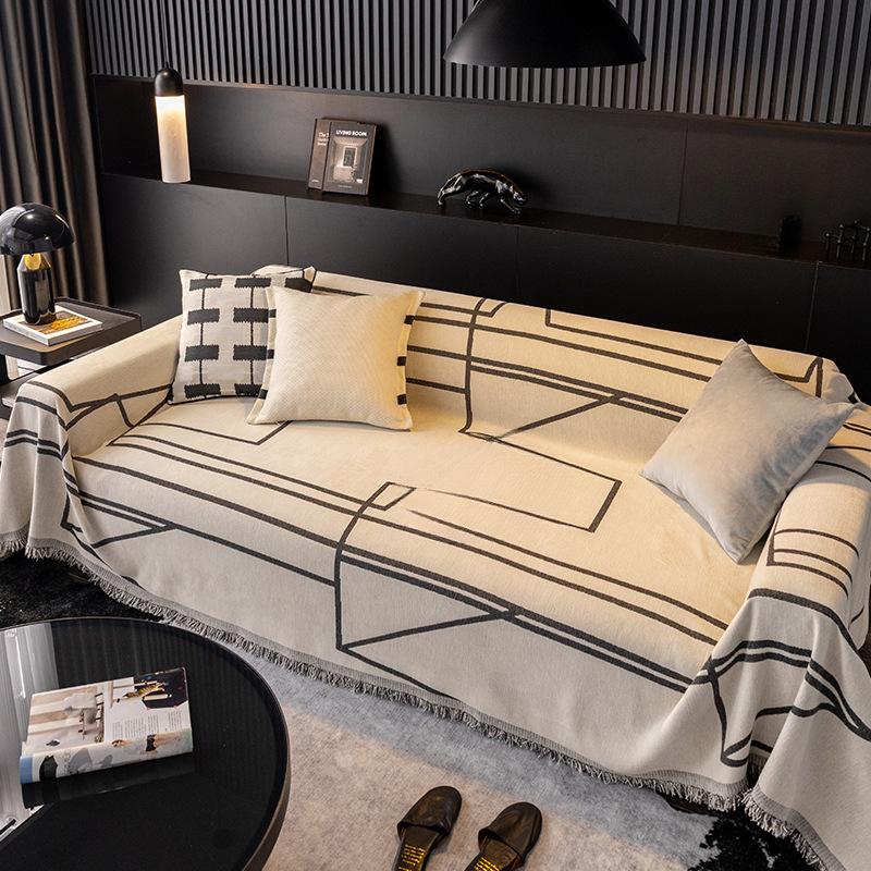 Chenille Sofa Cover Cloth Four Seasons Universal Black Stain-Resistant Sofa Towel Simple Modern Geometric Line Sofa Cover