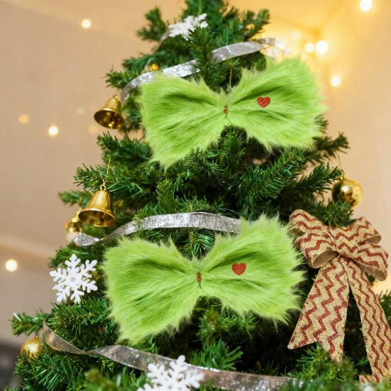 Christmas Green Furry Bow for Tree Large Green Furry Hair Bow with Red Heart Christmas Costume Accessories for Women Girls