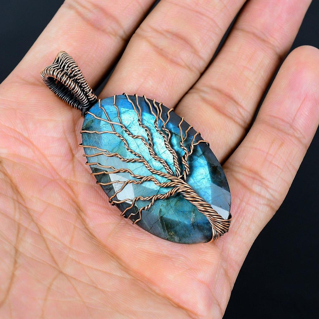 Tree of Life Faceted Labradorite Pendant Gemstone Jewelry, 999 Copper Wire Wrapped Pendant, Gift For Women Handmade Pendant