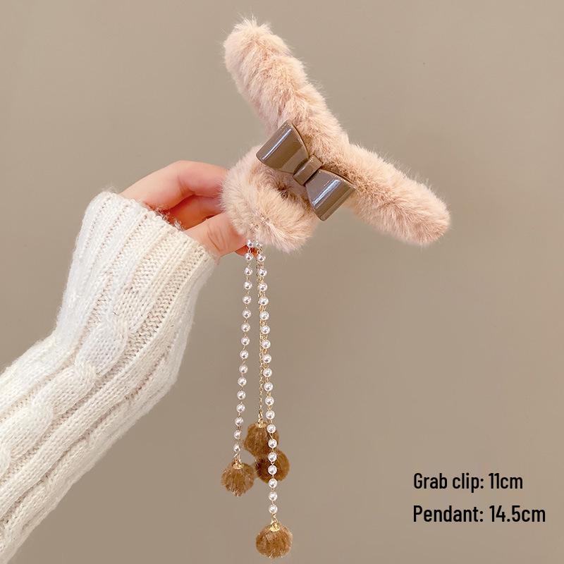 Korean Style Plush Bow Hair Clip with Tassel - Autumn/Winter Women's Hair Accessory