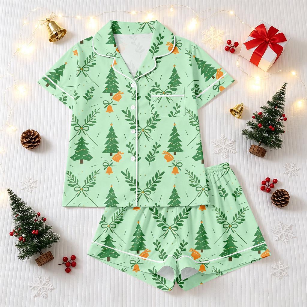 Women's Christmas Pajama Set with Short-Sleeve Button-Down Shirt and Shorts