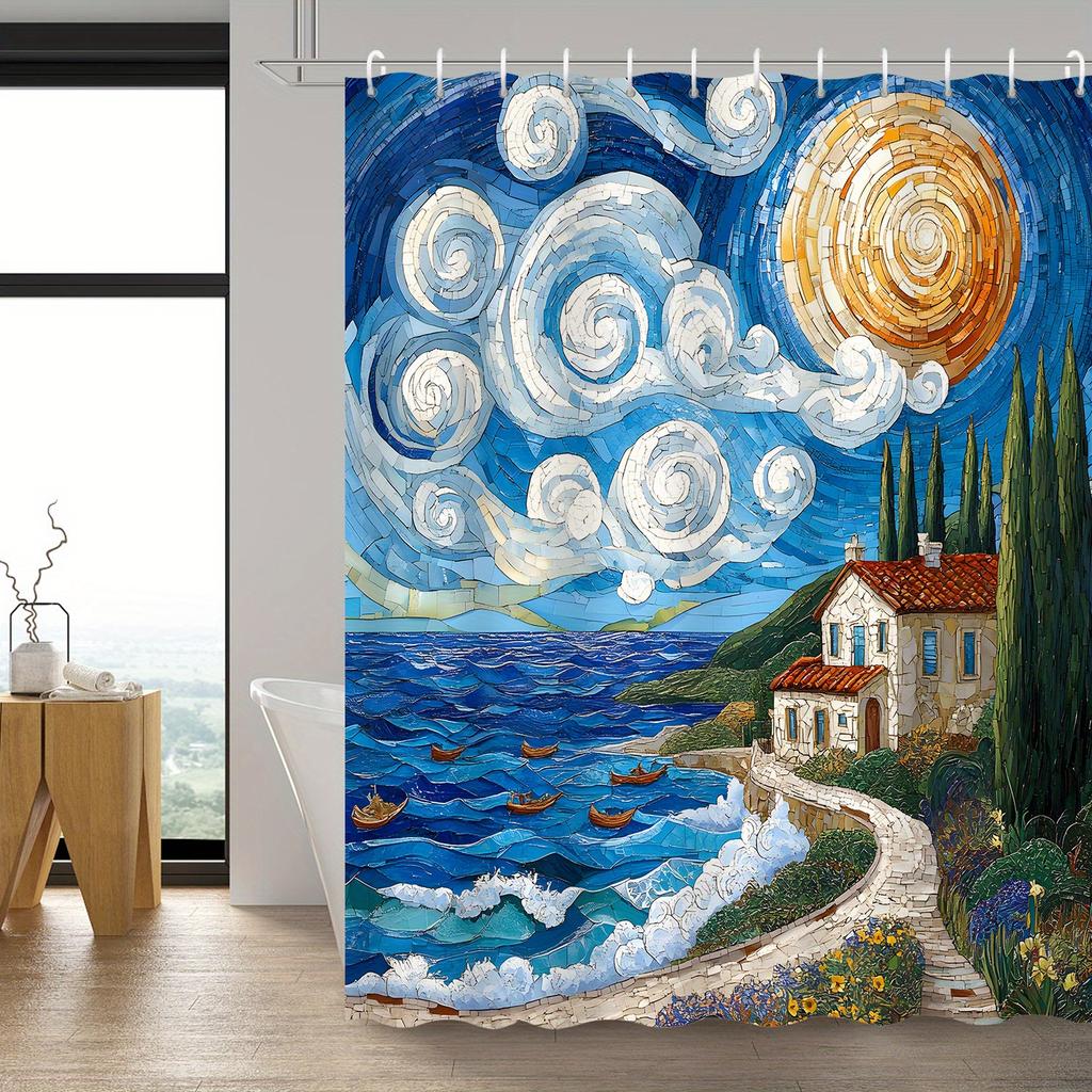 1pc Abstract Art Seaside City Scenery Shower Curtain – Polyester, with 12 Hooks, for Bathroom Decor