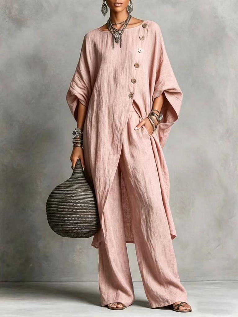 VEZFAA Moda Donna Casual Estate Primavera Colore Solido Stampa Manica 3/4 Scollo O Pantaloni Completi