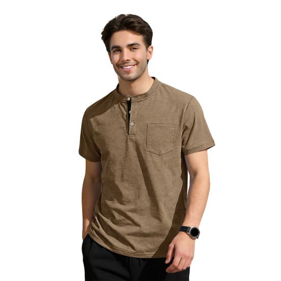 Men Quarter Button T-Shirt Solid Color Short Sleeve Band Collar Summer Tee Loose Fit Tee Shirt with Chest Pocket for Street Holiday Beach M