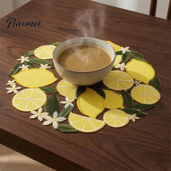Tabletop Scratch Protector Pads Lemon Lace Placemat, Clear Embroidery Style Table Mat with Citrus Fruit Decorative Dining Placemats Leaf Design,