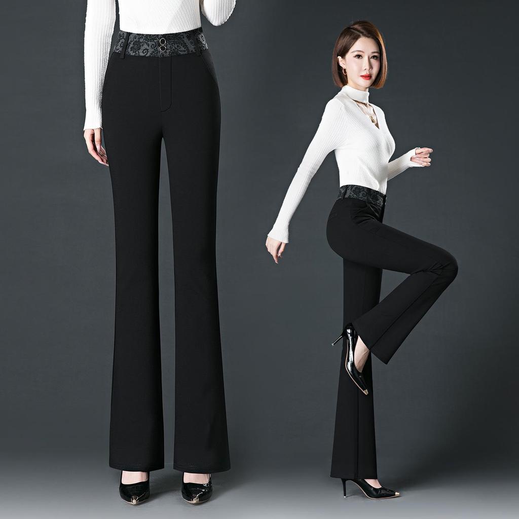 Spring/Autumn Women's High Waist Bell Bottom Knit Pants - Black, Plus Size, Slimming, Fashionable, Loose Fit