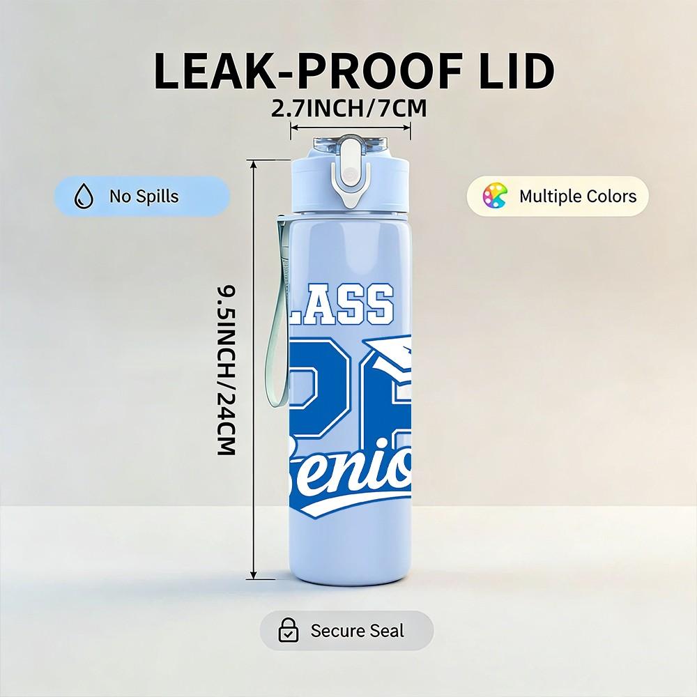 1PC Class Of 26 Senior Blue Letter Print 750ml Color Plastic Sports Water Bottle Leakproof Flip Straw Lid Suitable for Sports Office Home Use