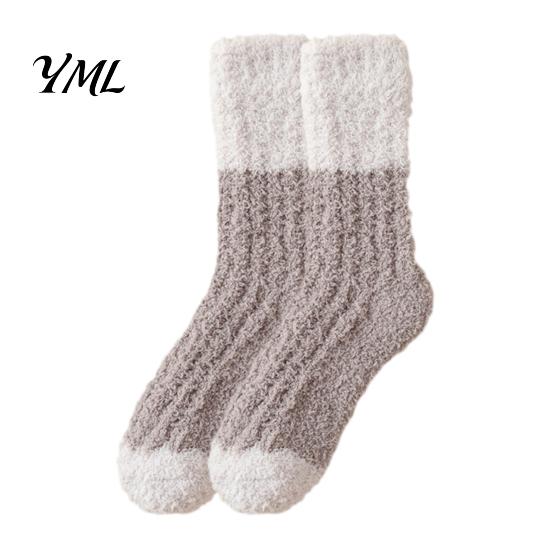 Plush Warmth for Autumn Winter Thickened Long Socks Women, Warm Coral Fleece Socks, Soft Thermal Hosiery Sleep Anti-static Contrast Color Indoor Cozy