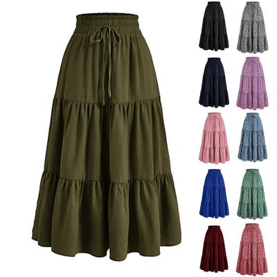 Women's Fashion Solid Color Floral Drawstring Elastic Waist Loose Long Skirt