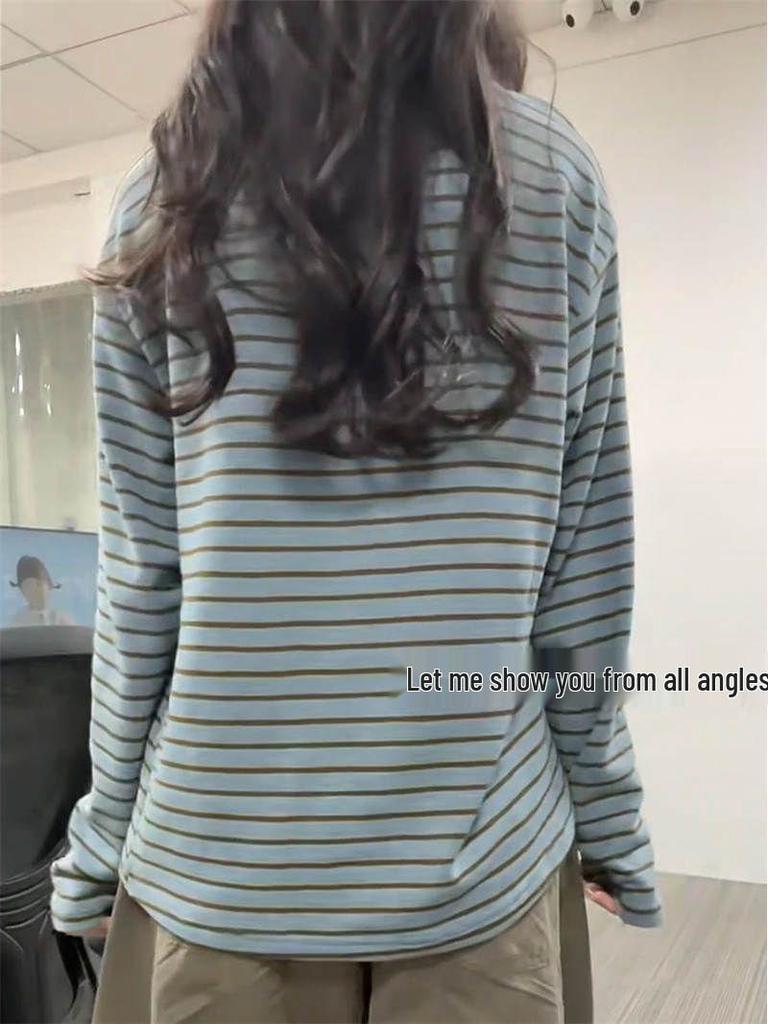 Women's Autumn Loose Fit Striped Knit Long Sleeve T-Shirt | Versatile Layering Top