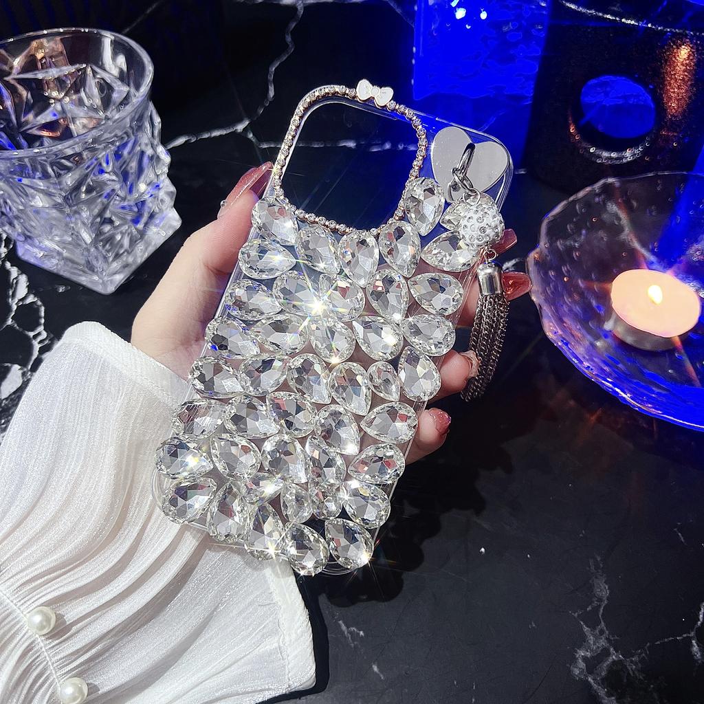 For iPhone 16 Pro Case with Tassel Glass Rhinestone Decor TPU Phone Back Cover