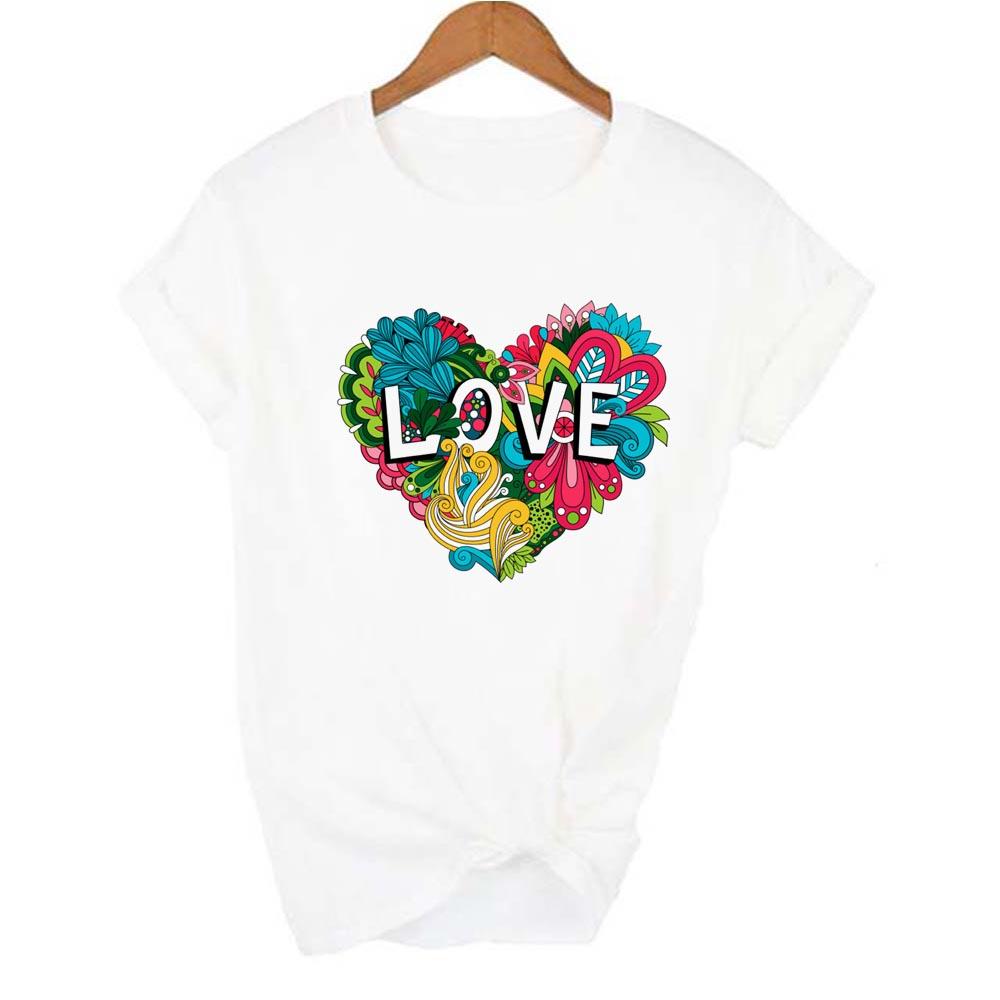 Cool Women T Shirt Heart Flowers Love Casual Shirts Yellow Blue Floral Heart Camisas Mujer Female