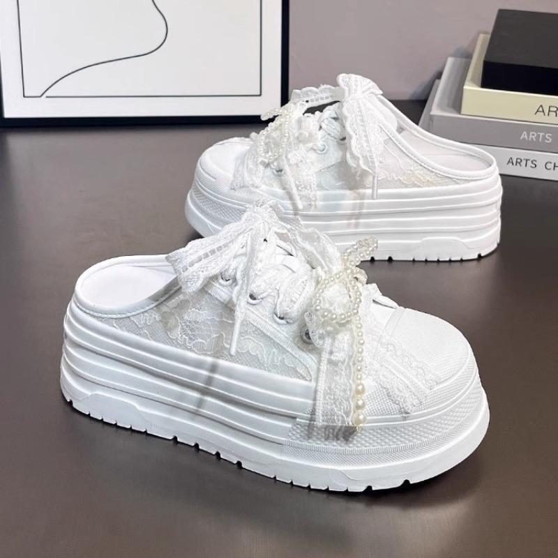 Leather bag head half slippers women's outer wear summer new small thick bottom heightening pearl lace sandals