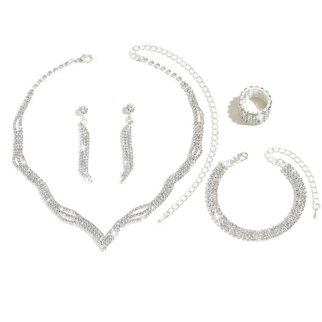 Super Flash Rhinestone Necklace Earrings Bracelet Set Clavicle Chain Bridal Jewelry Three-Piece Set
