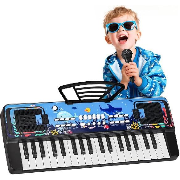 Upgraded 37 Keys Kids Piano Keyboard with Microphone Music Stand – Portable Musical Toys for Toddlers Ages 3 4 5 6 Boys Girls Birthday Gift - Black