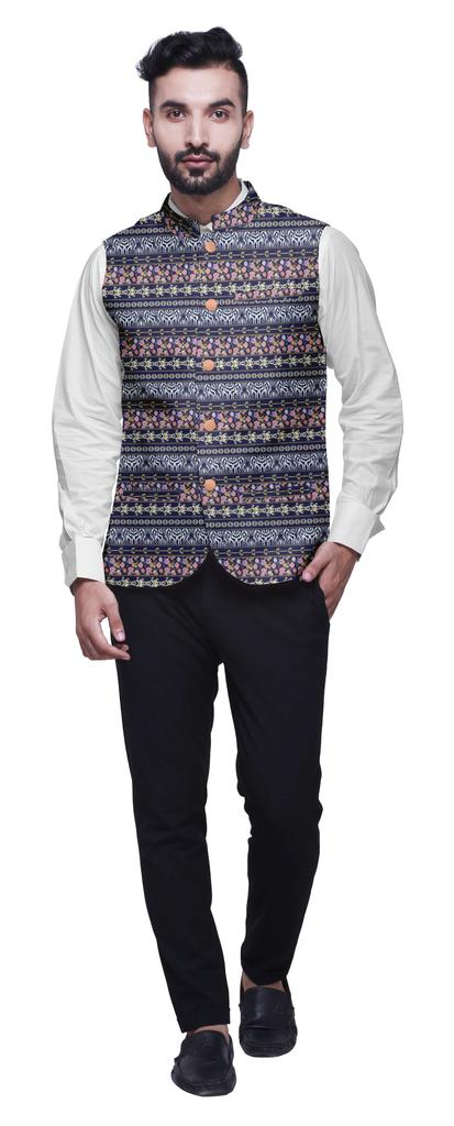 Atasi Light Peach Patchwork Printed Wedding Jackets For Men Nehru Jacket Waist Coat For Festive
