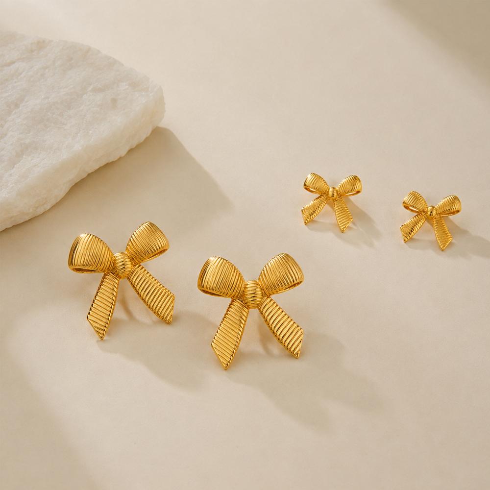Fashion Striped Texture Bow Knot Stud Earrings for Women Gold Plated Stainless Steel BowKnot Waterproof Jewelry
