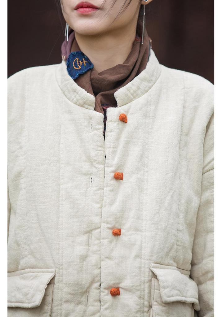 2025 Winter Women's Quilted Ramie Jacket with Frog Button and Stand Collar