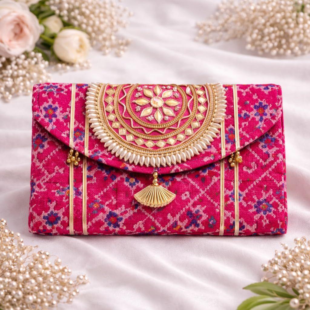 Women Ethnic Embroidered Clutch Bag with Golden Handwork & Tassel | Traditional Wedding Party & Festive Shagun Purse