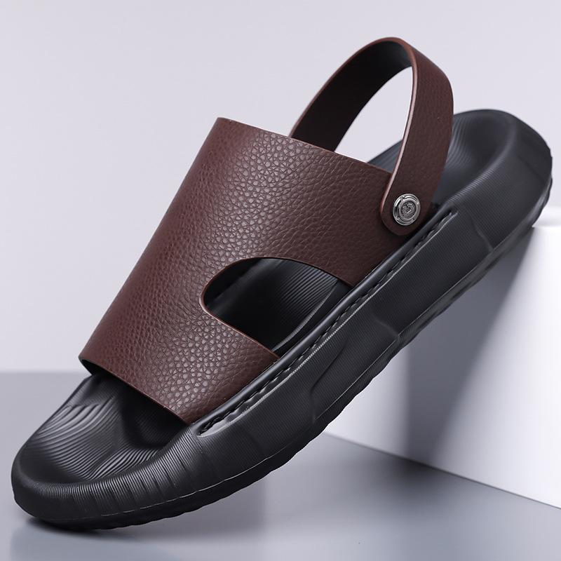 The first layer of cowhide sandals men's trendy summer new soft-soled soft-sided leather beach shoes thick-soled cool slippers 1 piece