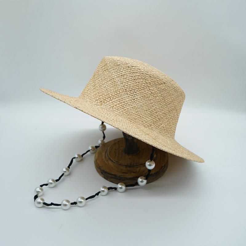 Internet Celebrities With The Same French Celebrity Retro Elegant Pearl Chain Treasure Grass Flat Top Top Hat Women'S Summer Sunshade Vacation
