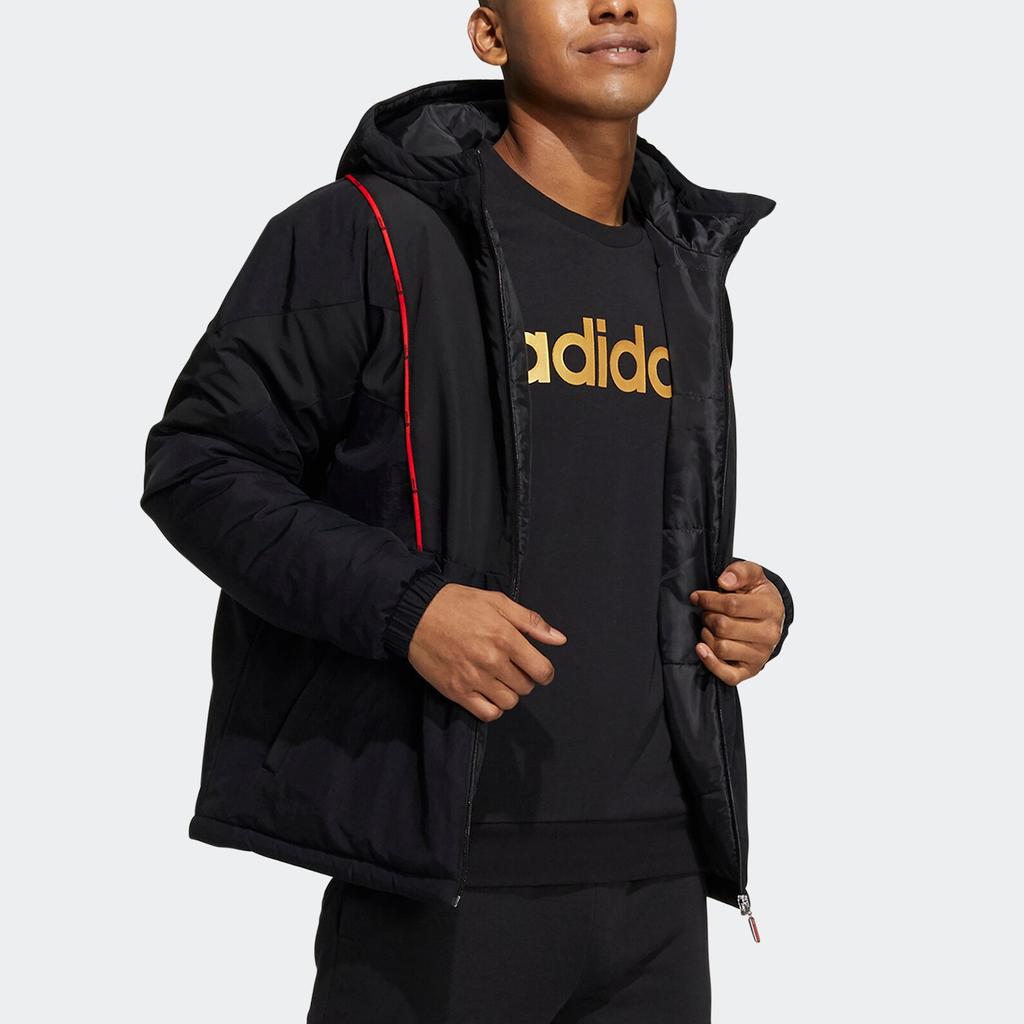 adidas Neo Logo Print Patchwork Hooded Long Sleeve Cotton Jacket Men Outerwear Black HC9731