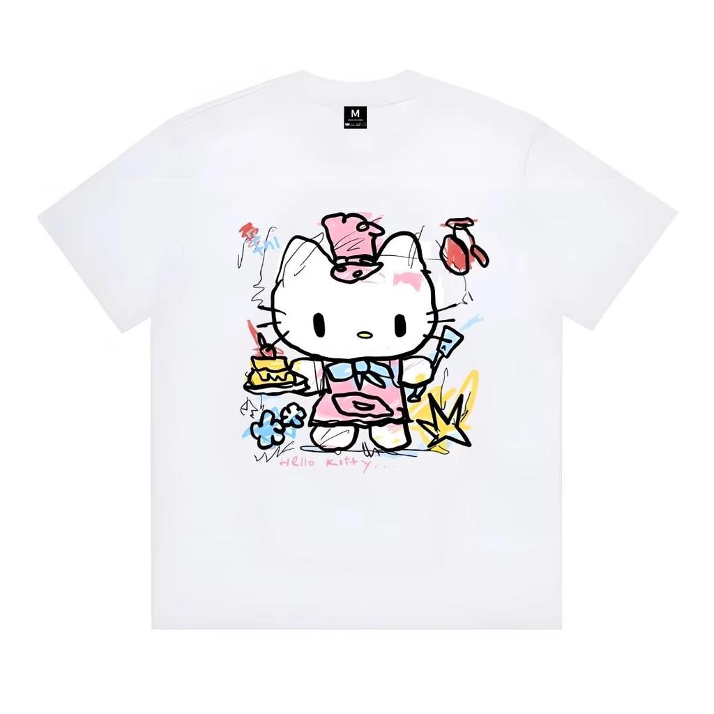 2026 Summer Hello Kitty Pastry Chef Oversized Tshirt High Quality 100 Cotton Graffiti Cake Print Unisex Y2K Casual Tee
