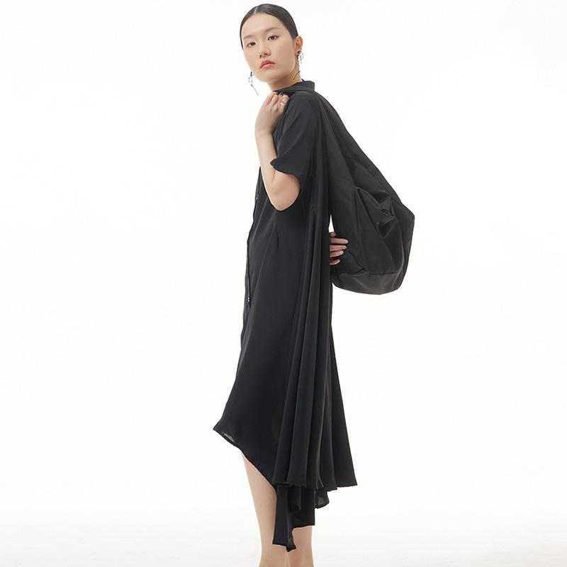 Summer new large-size women's clothing pleated niche design loose and thin Yamamoto dark dress cool