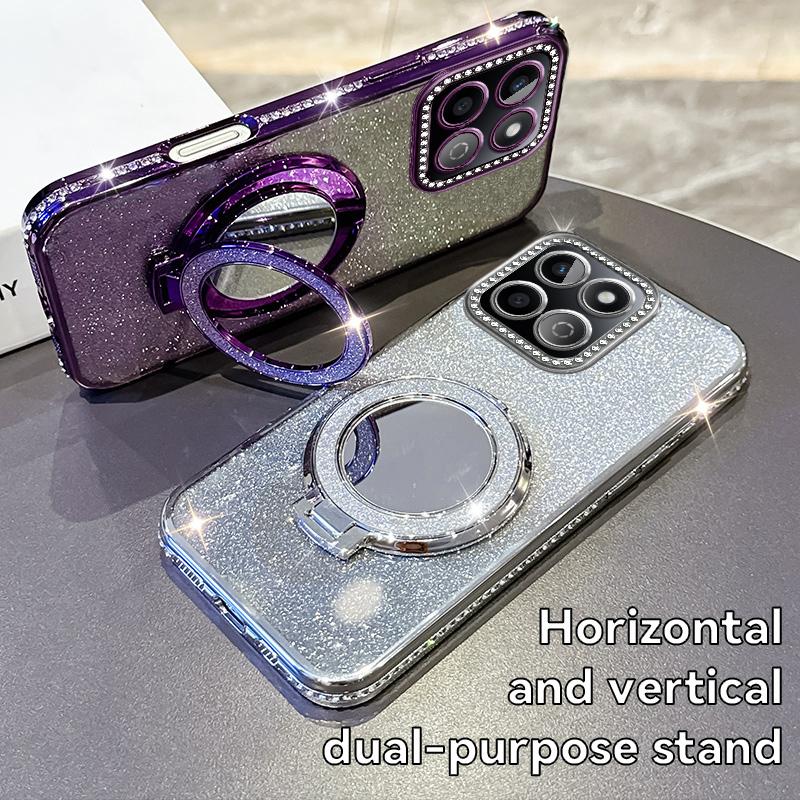 KEYSION Glitter Jewelled Magnetic Phone Case for HONOR X7c X8b X8A Makeup Mirror Stand Shockproof Cover for Honor 200 Smart 5G