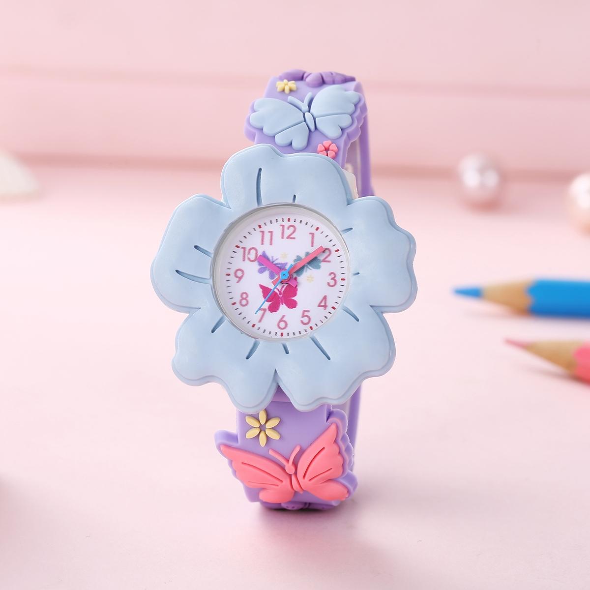 Children s Flower Butterfly Cartoon Watch 3D Pattern Wristwatch синий