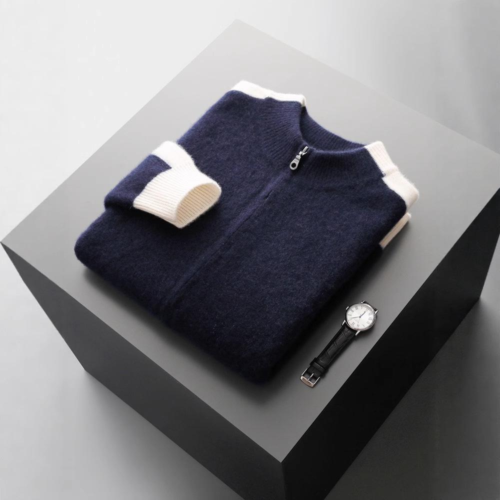 Men'S Half-Turtleneck 100% Pure Wool Thickened Cardigan, Commuter-Style Zip-Up Knit Cardigan, Loose Plus-Size Jacket