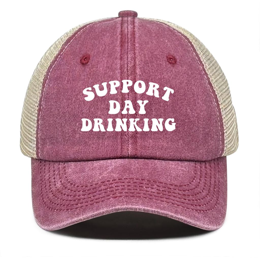 “Support Day Drinking” Print Mesh Cap Unisex Adjustable Trucker Hat Gorra Hombre Washed Retro Unisex Snapback Baseball Hat
